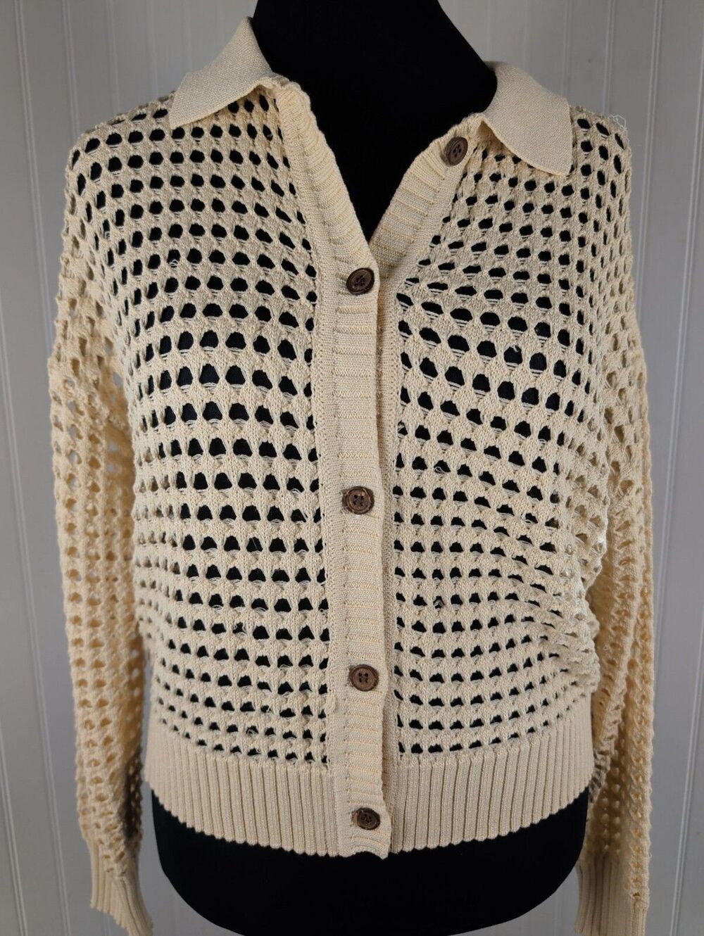 DAZY Cream Hollow Out Pointelle Collared Cardigan Sweater Size M